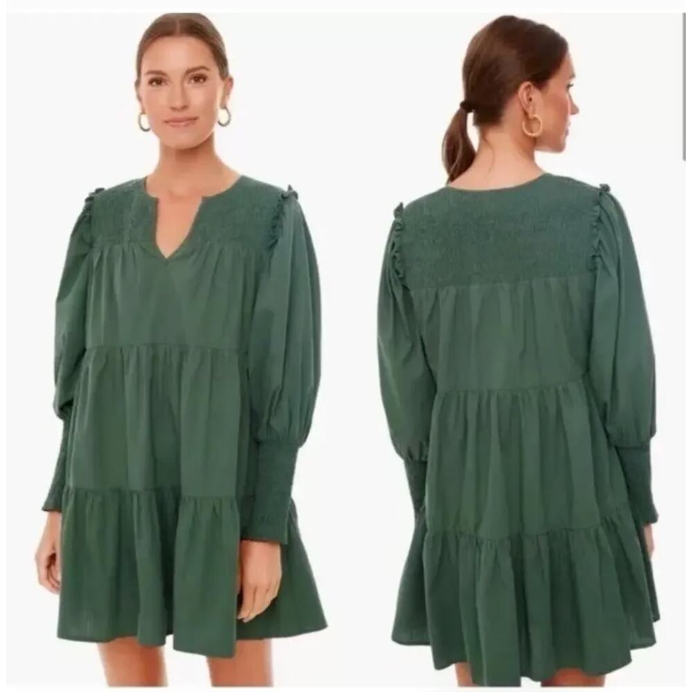 Pomander Place Tuckernuck Olive Green Smocked Tiered Mini Dress XS Cotton